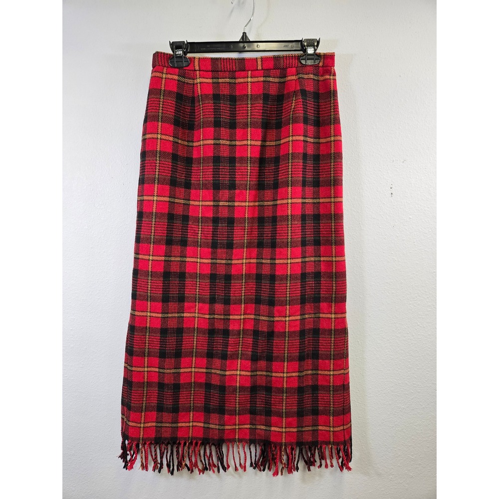 Jaclyn Smith Red Plaid Fringe Wool Blend Maxi Skirt 10 - Picture 2 of 6